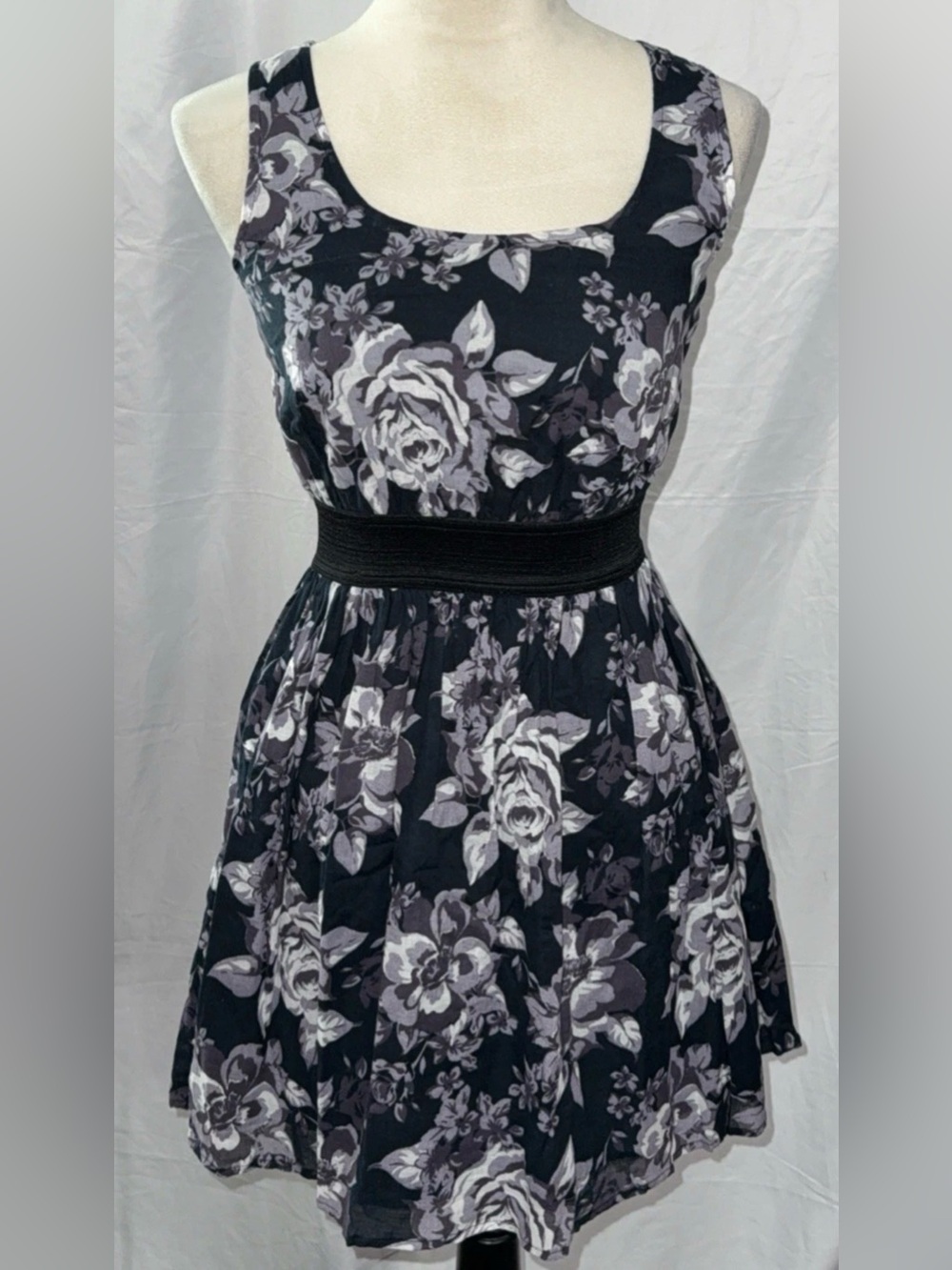 Xhilaration Black Floral Fit-and-Flare Dress with Gray Blooms